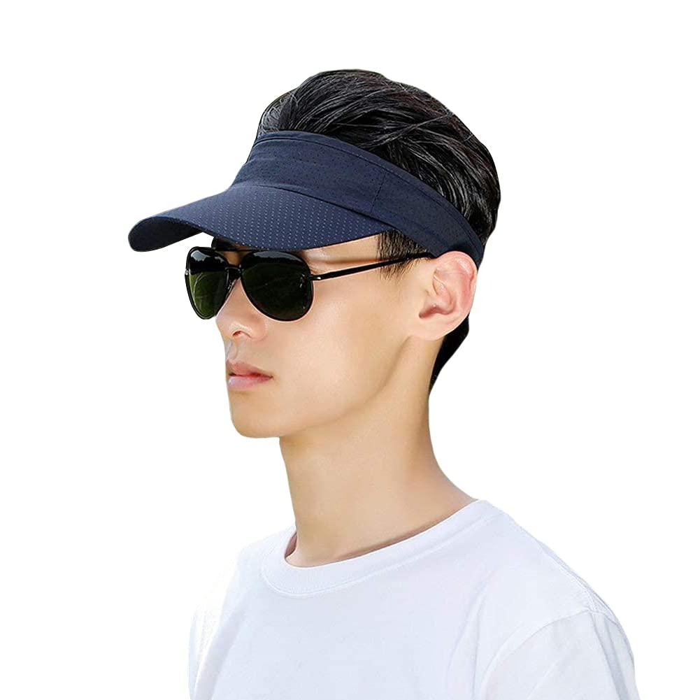 Women Sun Visor Large Brim Sun Hats Elastic Empty Top UV Protection Cap for Beach Outdoor Sports Navy