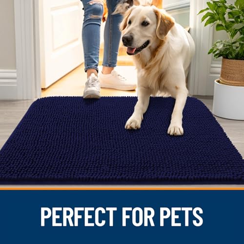 Image of OLANLY Dog Door Mat Set 4-Piece 24x16, Absorbs Moisture and Dirt, Absorbent Non-Slip Washable Doormat, Quick Dry Chenille Mud Mat for Dogs, Entry Indoor Entryway Carpet for Inside Floor, Navy Blue