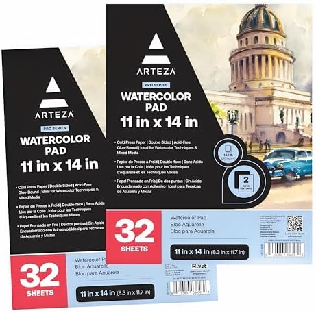 Arteza Bloc Aquarelle A4 (22,9 x 30,5 cm), Ensemble de 2, 32 Feuilles Par Bloc Pressé à Froid, Papier Sans Acide, 300 GMC, Fournitures de Loisirs Créatifs pour l'Aquarelle et Techniques Mixtes
