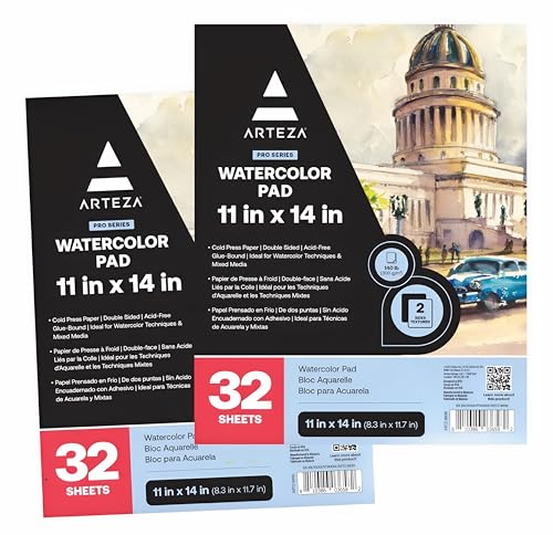 ARTEZA Watercolor Paper, Pack of 2, 32 Sheets Each, 11x14 Inches Watercolor Sketchbook, 140lb/300gsm, Cold Press, Acid Free Art Paper
