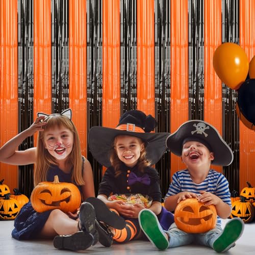 Image of Accevo Black Orange Party Streamers 3Pack 3.2ft x 8.2ft Tinsel Black Orange Streamers Party Decorations Door Decorations Foil Fringe Curtain Halloween Christmas Party Decorations Orange Party Decor