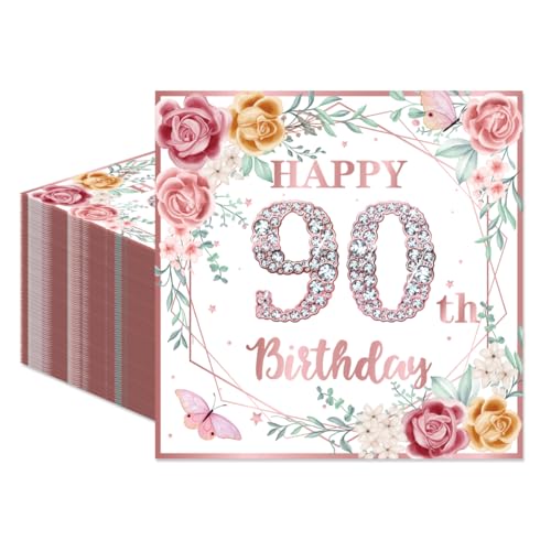 50Pcs Rose Gold Floral Happy 90th Birthday Napkins 90th Birthday Party Decorations for Women 90 Years Old Theme Supplies Disposable Luncheon Dinner Napkins 6.5 x 6.5