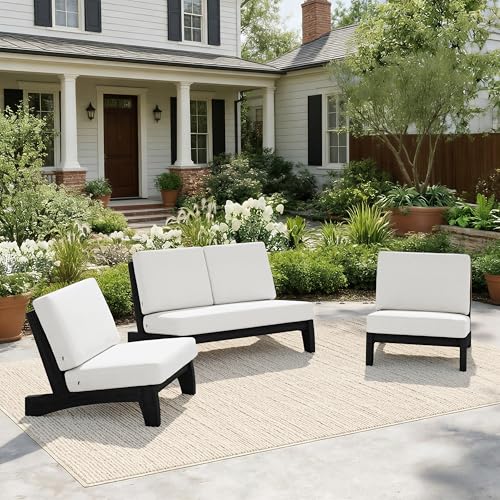 Image of Pia Ricoo 4 Piece Patio Furniture Sets, Outdoor Loveseat Sofa Set with 2 Chairs & Coffee Table, Patio Conversation Set for Backyard, Deck, Lawn, Beige, Dark Wood
