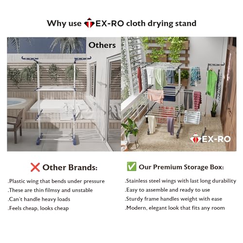 Image of TEX-RO Expandable Clothes Drying Stand for Home|Cloth Dryer Stand with Wheel|Cloth Stand for Drying Clothes Foldable|Stainless Steel Clothes Hanging Stand|Cloth Rack for Balcony(3 Layer, Grey)