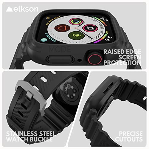elkson Designed for Apple Watch Series 9/8/7/6/SE/5/4 [41/40mm], Quattro Pro Series Rugged Military Grade Protective Bumper Case with Strap Bands for iWatch, Stealth Black