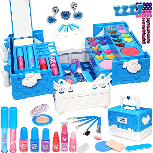 Kids Makeup Sets for Girl - 52 PCS Safe and Washable Kids Make Up, Real Make Up Set for Girls, Toddler Makeup Kit with Cosmetic Case, Girls Toys Age 4-12, Princess Toys Birthday Gifts for Girls(BLUE)