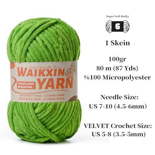 Image of (2 Lime Green) 2 Pack Super Soft Fuzzy Chenille Chunky Yarn for Crocheting, 200g (175yds) Fluffy Velvet Yarn for Hand Knitting Baby Blankets Weaving Craft