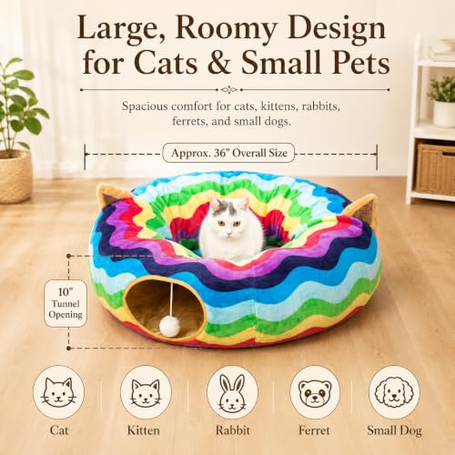 Image of Large Cat Tunnel Bed Under Christmas Tree with Fluffy Toy Balls, Small Cushion and Flexible Design- 10 inch Diameter, 3 ft Length- Great for Cats, and Small Dogs, Rainbow Wave Color