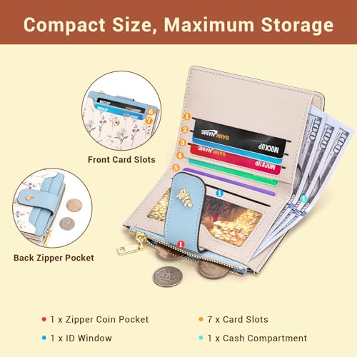 Image of YINHEXI Women's Wallet, Compact and Small Bifold PU Leather Card Holder, Mini Purse with Coin Pocket for Ladies, Girls (Floral Blue)