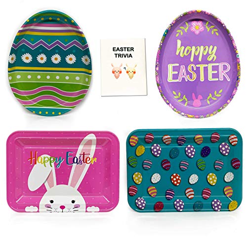 Happy Easter Plastic Extra Large Serving Trays Disposable Festive and Vibrant Assorted Designs Such as Bunny Rabbit and Stripes in Rectangular or Egg Shaped Trays (Set of 4)