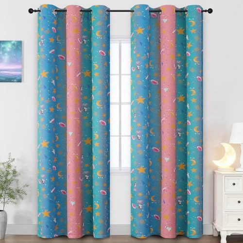 Image of Pink Teal and Blue Star & Moon Blackout Curtains for Girls Bedroom,38Wx84L