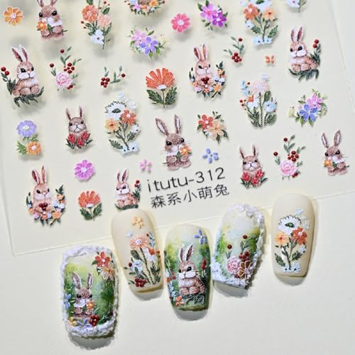 Image of Rabbit Nail Stickers for Nail Art Flower Nails Decals 5D Embossed with Design Self Adhesive Nails Charms for Women Cute DIY Decoration Accessories Supplies
