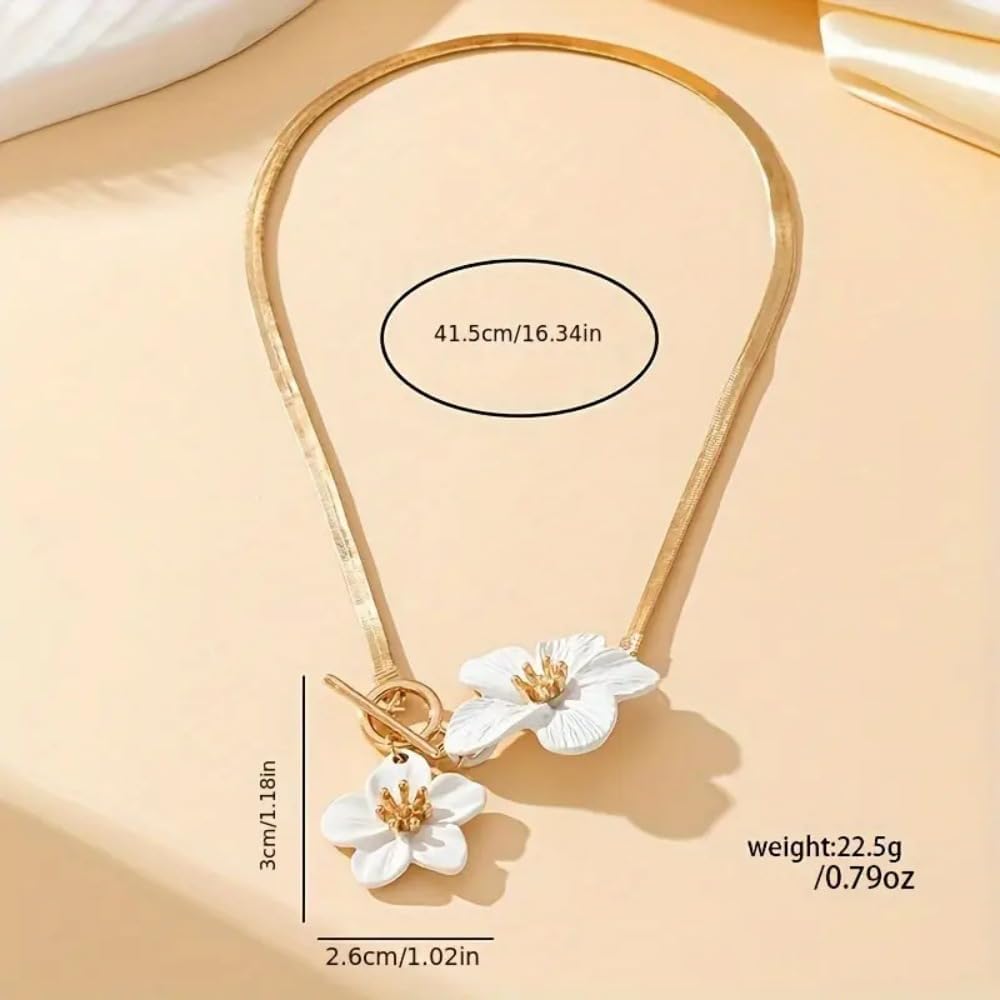 Gold Flower Earrings Necklace Set Vintage Large Double Flower Pendant Earrings Summer Spring Charm White Flower Statement Necklace Trendy Double Flower Jewelry For Women - Image 7