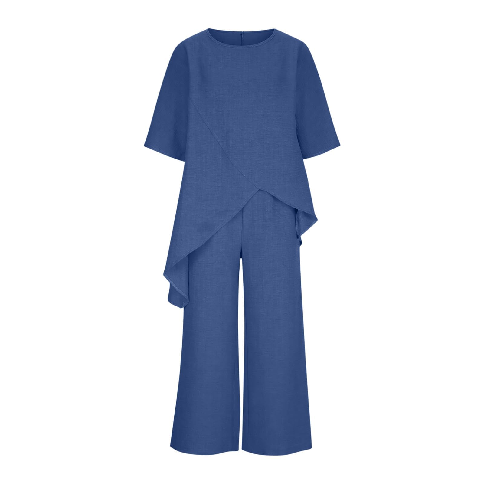 Generisch Completo da donna in cotone e lino con top a girocollo a maniche corte e pantaloni, elegante e casual per l'estate.
