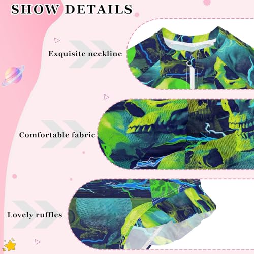 ALAZA Green Sugar Skull Neon Girls One Piece Swimsuit Long Sleeve Rash Guard Swimsuits UV 50+ Swimwear Zipper4