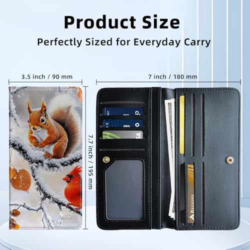 Womens Wallet,RFID Blocking Credit Card Slim Thin Holder,Long Bifold PU Leather Card Organizer,Cash Clutch Billfold Pocket Ladies Minimalist Travel Wallets,Squirrel and Red Bird3
