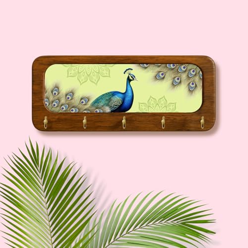 Image of Stylish Wooden Key Holder for Wall | Cute Key Holder for Home Decor | Key Holder Stand with 5 Hooks | Wall Mounted Key Hanger| (Peacock keyholder)