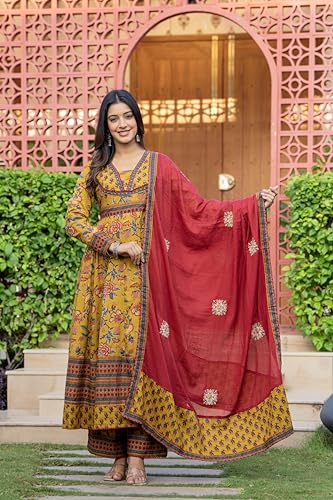 Image of Pistaa's Women's Pure Cotton Anarkali Floral Printed Kurta with Palazzo & Dupatta Set