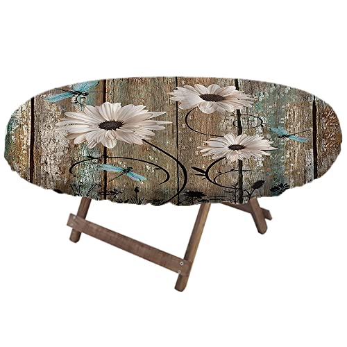 Rustic Wooden Daisy Flower Oval Fitted Tablecloth, Dragonfly Floral Old Garage Door American Native Country Farmhouse Decor, For Kitchen Dining, Party, Holiday, Christmas, Buffet, Fits 48" X 68" Table #TOP1