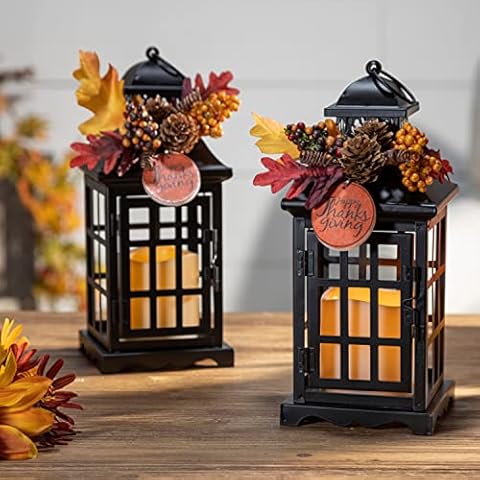 Orchid & Ivy Set of 2 11-Inch Rustic Black Metal Thanksgiving Lantern Light Up LED Flameless Candle Holders w/ Timer, Fall Leaves, Berries – Decorative Autumn Home Decor Indoor Tabletop Decoration Cover