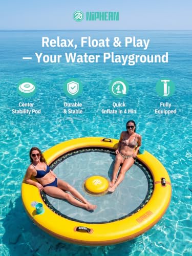 Image of Niphean Inflatable Water Hammock for Adults, 8FT with Center Stability Pad | Round Floating Ring with 2 Cup Holders, Pool Floats Adult, Heavy Duty Float Ring for for Lake, River & Pool