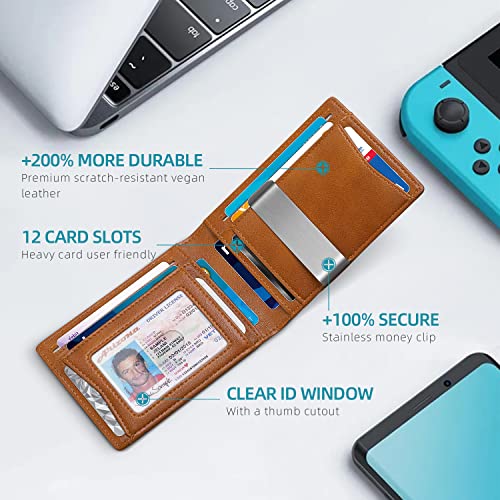 Zitahli Thin Wallet For Men Slim Money Clip Minimalist Card Holder Leather Bifold Rfid Blocking Mens Front Pocket Wallets With 12 Slots Gift Box Dessert Brown #TOP1