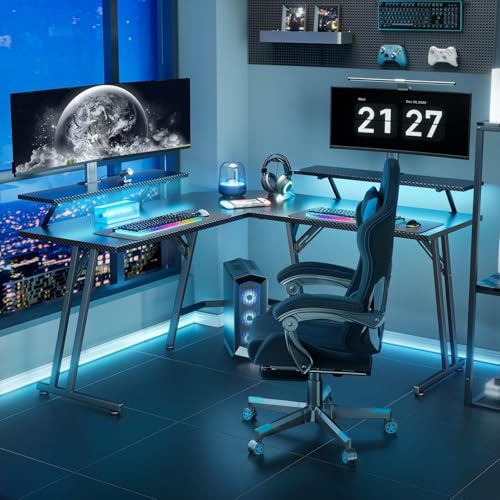 Image of HLDIRECT 51 Inch L Shaped Gaming Desk with Monitor Stand and LED Lights, Corner Computer Desk with Carbon Fiber Surface, PC Gaming Table for Home Office Writing Workstation, Easy to Install, Black