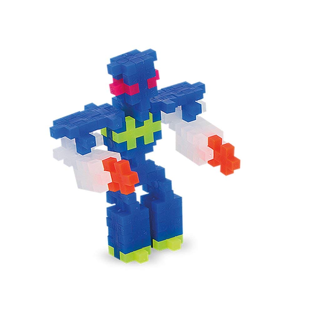 A child's hand holding a single blue Plus-Plus piece, highlighting its unique shape.