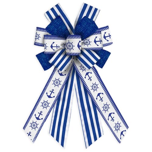 Threetols Nautical Wreath Bows, Blue White Stripe Bows for Wreath Summer Decorative Bows for Front Nautical Compass Anchor Ornaments Hanging Wreath Bow for Indoor Outdoor Decor