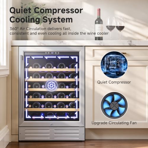 Image of BODEGACOOLER 24 Inch Single Zone Wine Fridge, 41℉ to 72℉, Holds 52 Bottles | Noise Level Below 42 dB, 6-Tier Beech Wood Shelves, Built-in or Freestanding Installation, For Home Kitchen Office