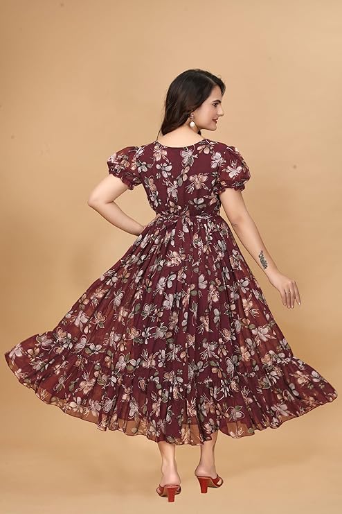 Image of Women's Georgette Dresses Floral Printed One Piece Stylish Long Maxi Western Frock Midi Dress for Women (Puffed Sleeves) for Gals