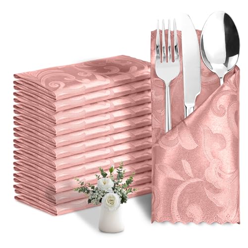 Eychei 12 Pack Rose Gold Damask Satin Napkins 17 x 17 Inch