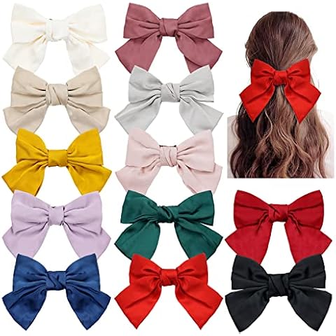 Lawie 12 Colors Pack 8 Inch Large Big Oversized Knot Bowknot Satin Hair Bows French Barrettes Hair Clips Bun Ponytail Holder White Red Green Blue Black Hair Bow Ribbon Accessories for Women Girls Cover