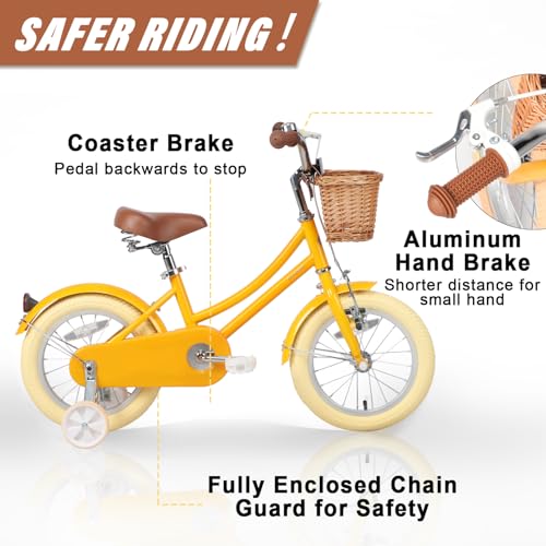 Image of Glerc Little Molly 12-20 Inch Kids Retro Cruiser Bike for 2-13 Year Old with Wicker Basket & Training Wheels /Kickstand, Multiple Colors