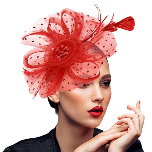 JUNBESTN Fascinators Hat Tea Party Headwear for Women Flower Mesh Feathers Headband Red