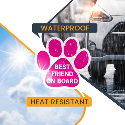 Image of Best Friend on Board Pink Pawprint Car Magnet 5 Inch 2 Pack, Dog Lover Gift | Heavy duty magnetic decal for car, truck, SUV or fridge, full color UV printed