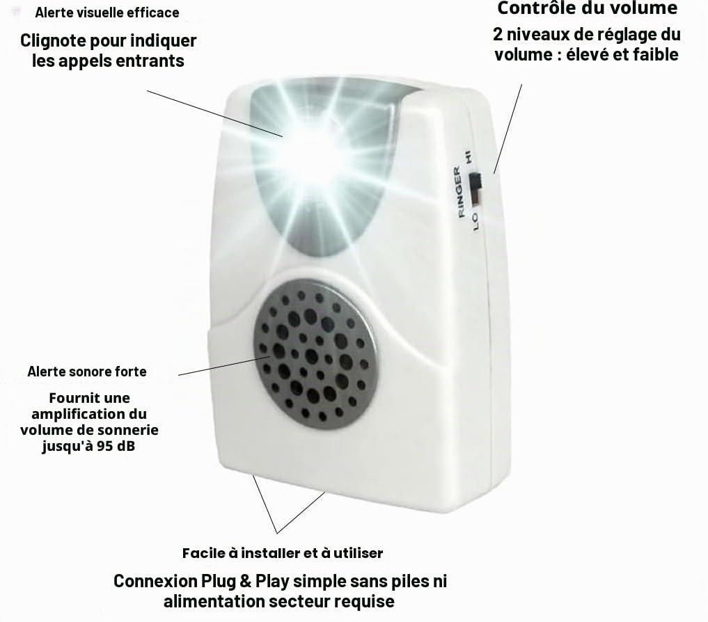 Amplificateur de sonnerie téléphonique VOCA TA002 avec lumière clignotante, jusqu'à 105 dB, pour téléphones fixes, montage mural, idéal pour les environnements bruyants et les personnes malentendantes