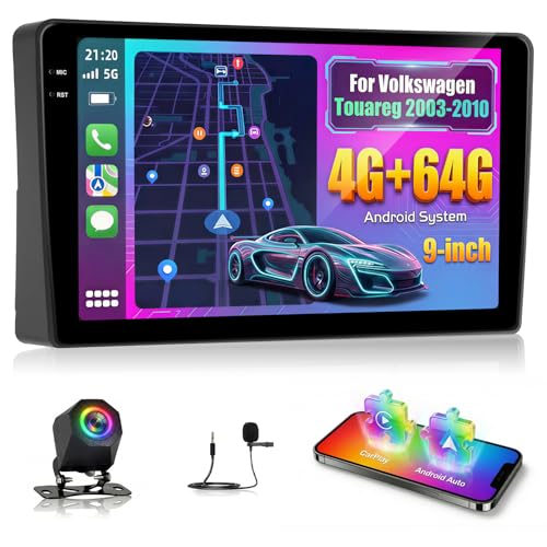 NHOPEEW Autoradio 4+64G pour Volkswagen Touareg 2003-2010 avec Carplay sans Fil et Android Auto - Écran incell 9 Pouces Prise en Charge WiFi GPS Commandes au Volant + Caméra de recul, Canbus