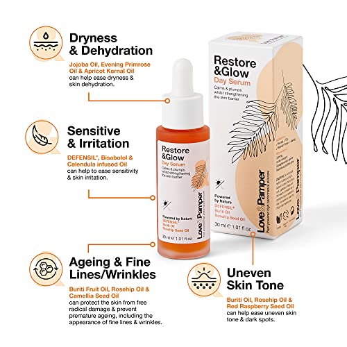 Love & Pamper RESTORE & GLOW, Plant Powered Hydrating Day Serum, Vitamin C, Q10, Buriti & Rose-hip Oil. Brightens - Image 4