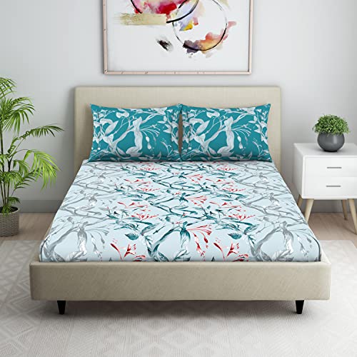 WELSPUN 100% Cotton Bedsheets Double Skin Safe Breathable Soft Feel (Floral 224CMX254CM/43CMX68CM)-Dark Teal