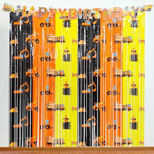 Caisehabu Construction Birthday Party Fringe Curtains Decorations Supplies, 2 Pack 3.3 x 6.6ft Tinsel Foil Fringe Photo Backdrop,1 Pack Happy Birthday Banner