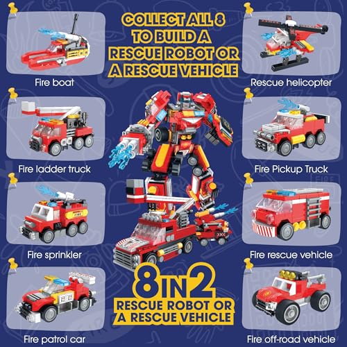 Image of 8-in-2 Fire Vanguard Fire Pickup Truck (85 Pieces) | Learn About Fire Fighters | Building Block Set for Kids Age 6+ | STEM Educational Toy | Build, Collect & Create Robot or Fire Truck