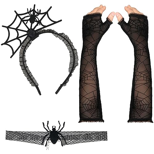 Pandecor 3 Pcs Spider Web Costume for Halloween Spider Headband and Spider Web Arm Warmer and Spider Necklace