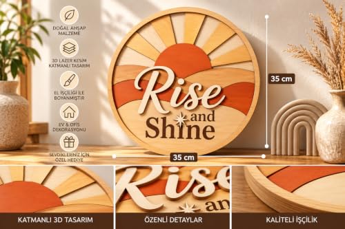 35 cm Rise and Shine 3D Katmanlı Ahşap Duvar Tablosu, Lazer Kesim Yuvarlak Duvar Süsü, Bohem Güneş Dekoru