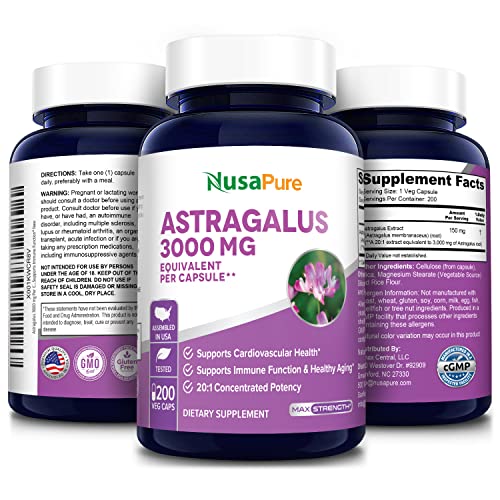Nusapure Astragalus 3000 Mg Per Caps, Extract 20:1 200 Veg Capsules (Non-Gmo & Gluten-Free) #TOP3