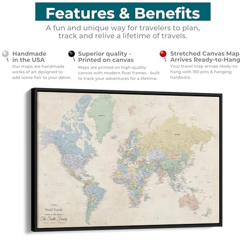 Image of Push Pin Travel Maps Sandy Dreams World Pin Board - Personalized Canvas Travel Map with Pins, Adventure Wall Art Decor for Tracking Trips - Black Float Mount Frame - 30 inch x 45 inch