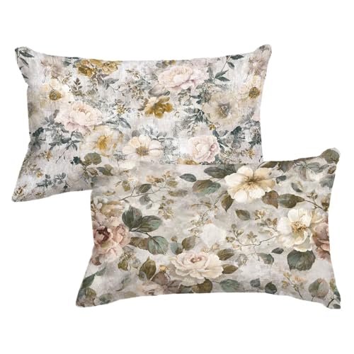 Funda Cojin 70x90 Juego de 2, Retro Funda Almohada Flores Blancas Patrón con Cremallera Invisible Diseño, Rectangular Fundas Almohadas 70x90cm Pack 2, Doble Cara Terciopelo Cojines Sofa Decor,Model785