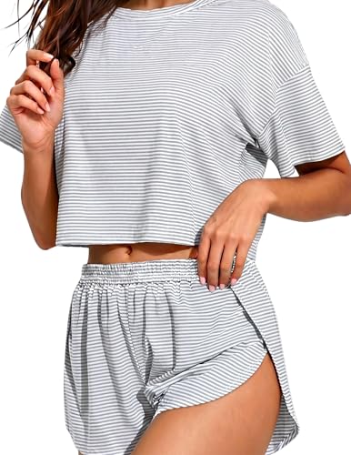Image of Split Short Pajama Set Soft Women's Striped Pajama Sleeve Tee & Elastic Waist Shorts Summer Lounge Sleepwear