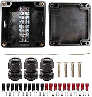 Waterproof Junction Box, LNSYSNS IP66 Junction Box Black, 1 in and 2 Out Cable Connectors, with Terminals Block and Y-Cold Pressed Terminal, PG9 Outdoor Project Box for Ø4mm-8mm Cable