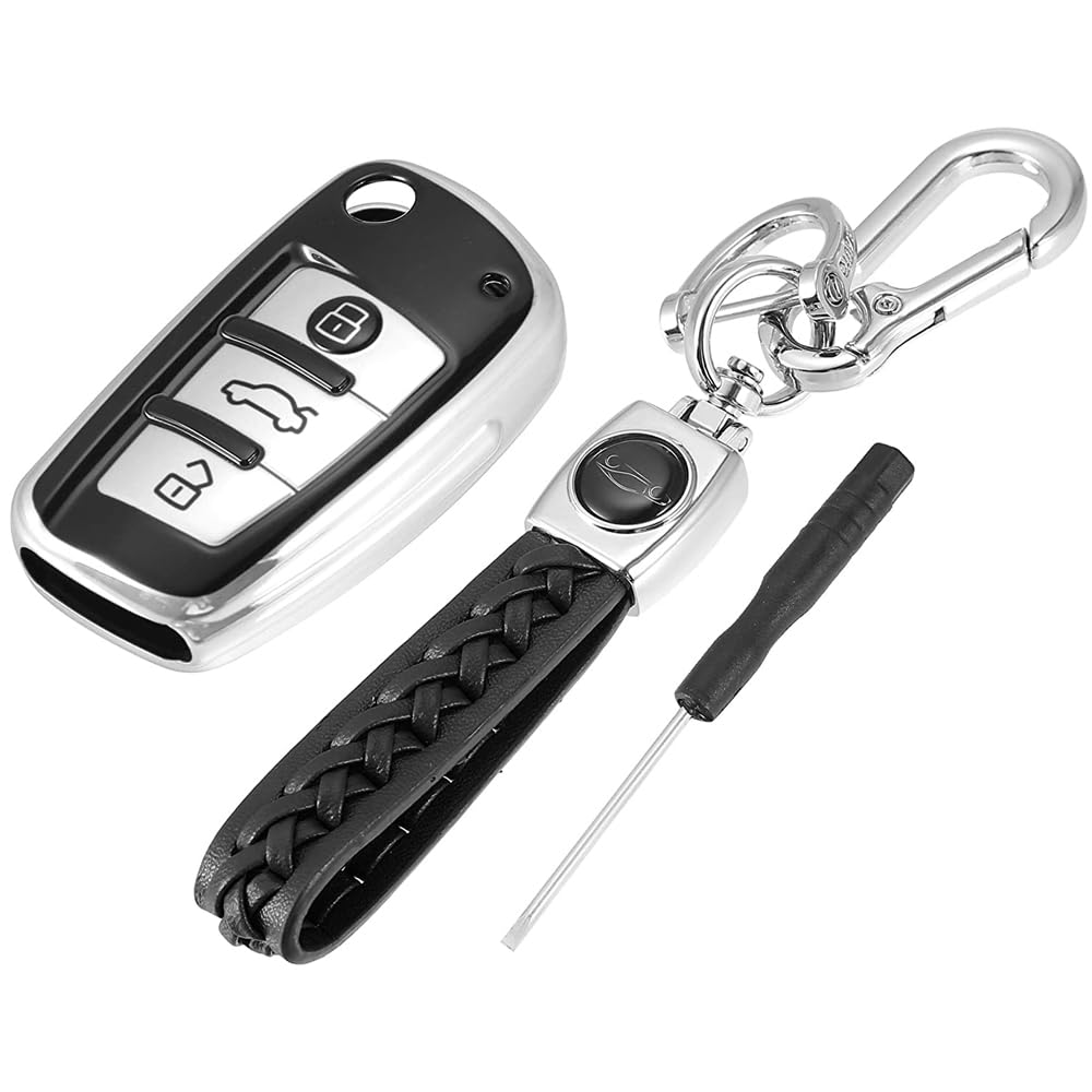 MACHSWON 3 Button Key Shell Car Key Fob Cover Remote Key Fob Case with Keychain Silver Tone for Audi A1 A3 Q3 Q7 R8 A6L RS6 TT
